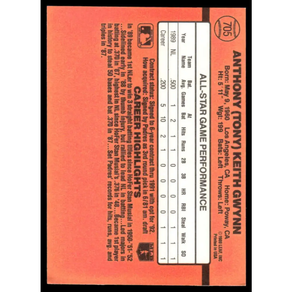 1990 Donruss #705 Tony Gwynn NM/MT San Diego Padres Baseball Card Image 2