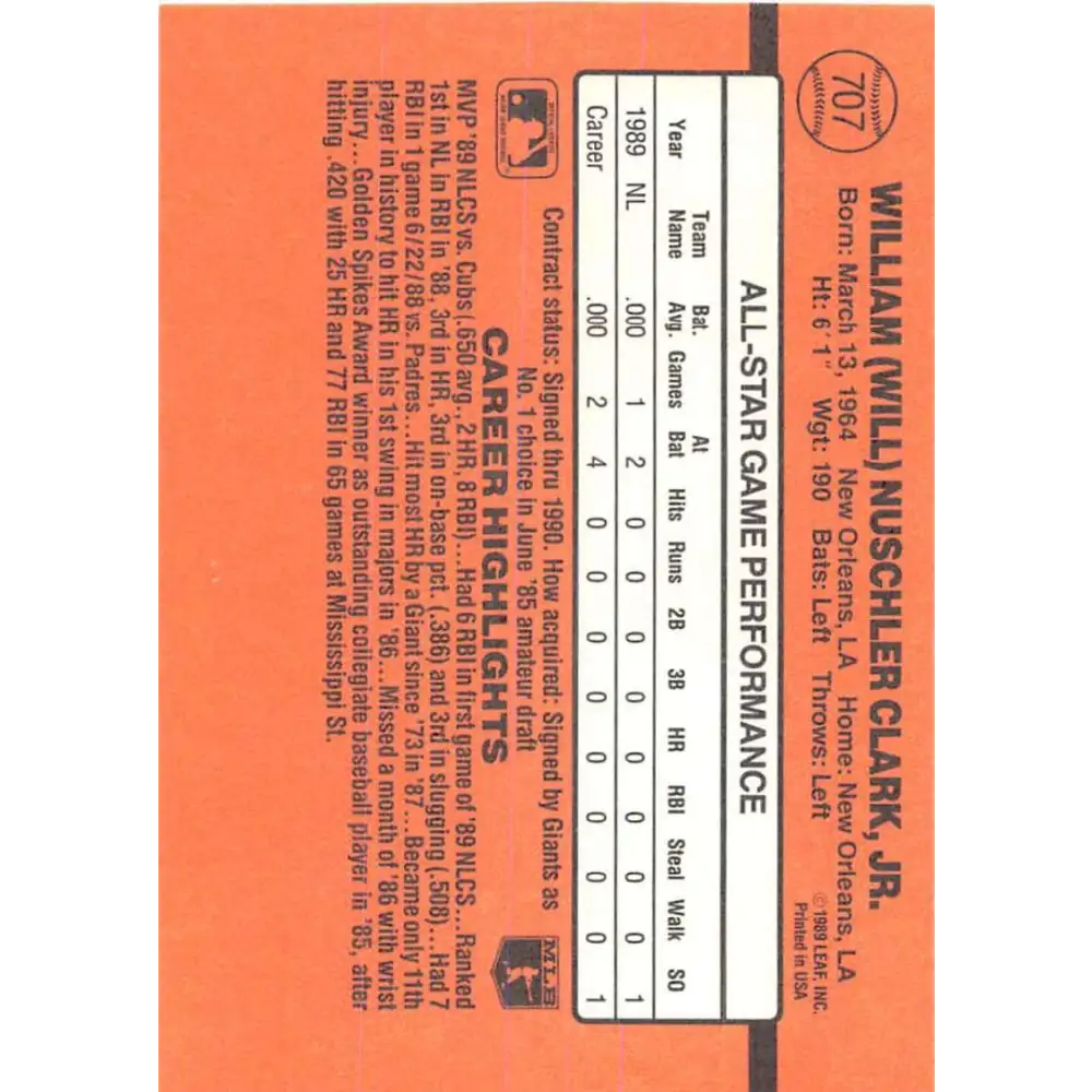 1990 Donruss #707b Will Clark COR AS VG-EX San Francisco Giants Baseball Card Image 2