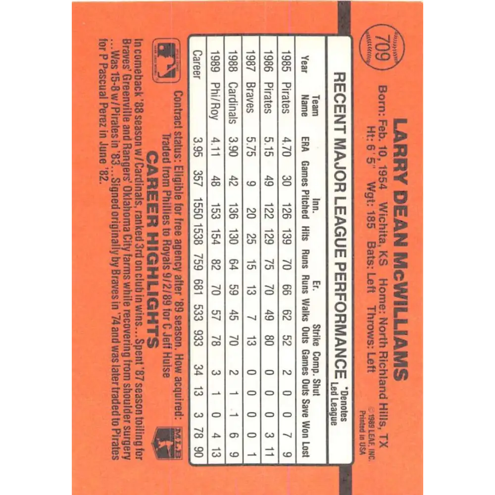 1990 Donruss #709 Larry McWilliams VG-EX Kansas City Royals Baseball Card Image 2