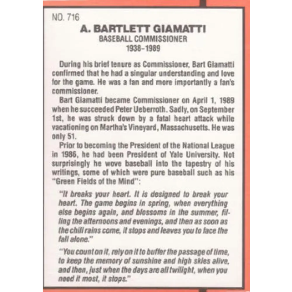 1990 Donruss #716 Bart Giamatti VG-EX Baseball Card Image 2