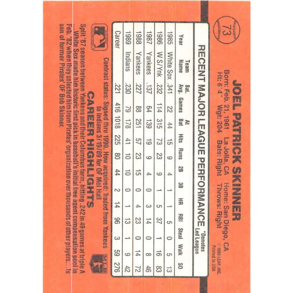 1990 Donruss #73 Joel Skinner VG-EX Cleveland Indians Baseball Card Image 2