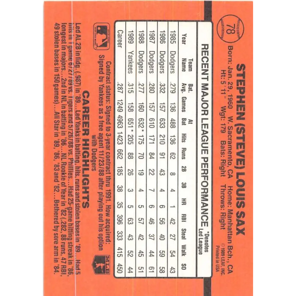 1990 Donruss #78 Steve Sax VG-EX New York Yankees Baseball Card Image 2