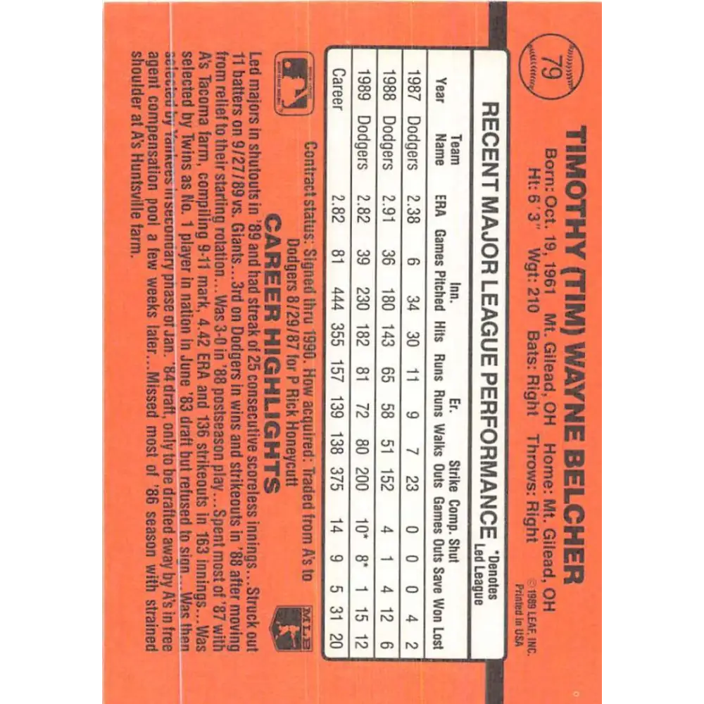 1990 Donruss #79 Tim Belcher VG-EX Los Angeles Dodgers Baseball Card Image 2