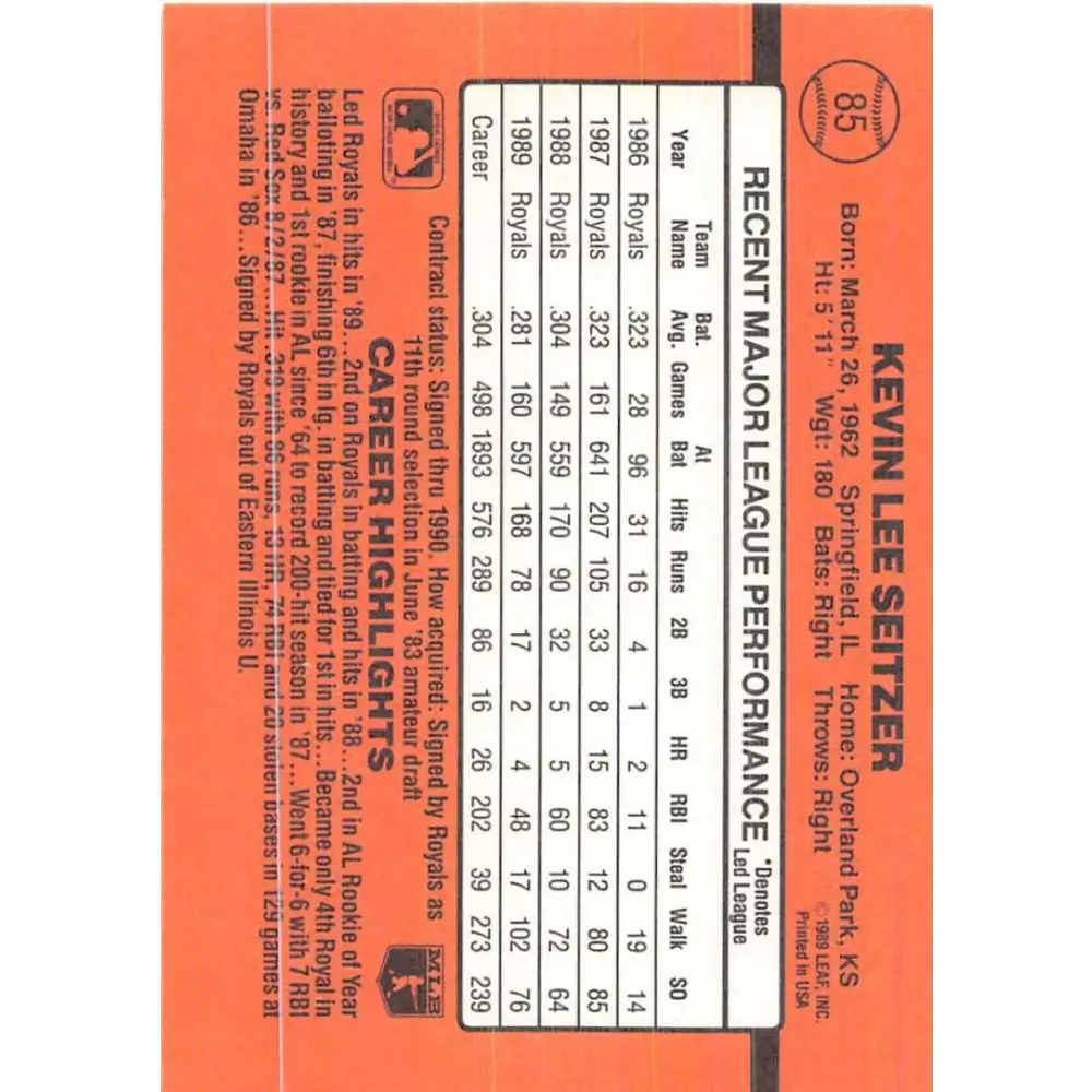 1990 Donruss #85 Kevin Seitzer VG-EX Kansas City Royals Baseball Card Image 2