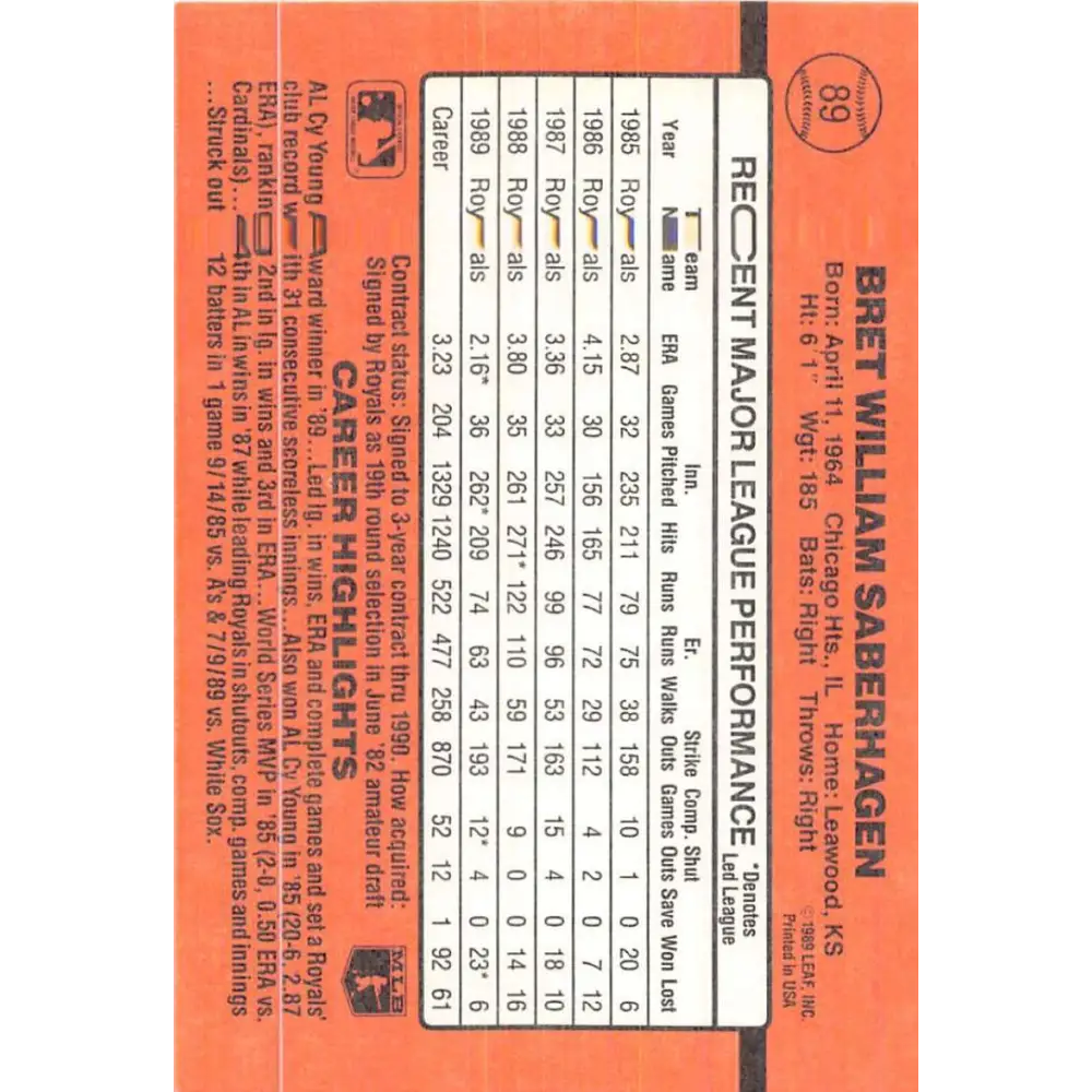 1990 Donruss #89 Bret Saberhagen VG-EX Kansas City Royals Baseball Card Image 2