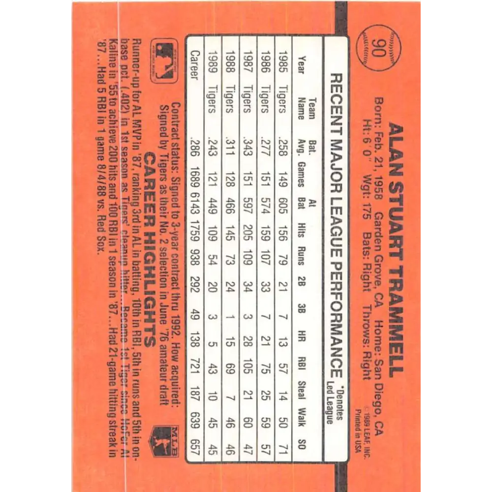 1990 Donruss #90 Alan Trammell VG-EX Detroit Tigers Baseball Card Image 2
