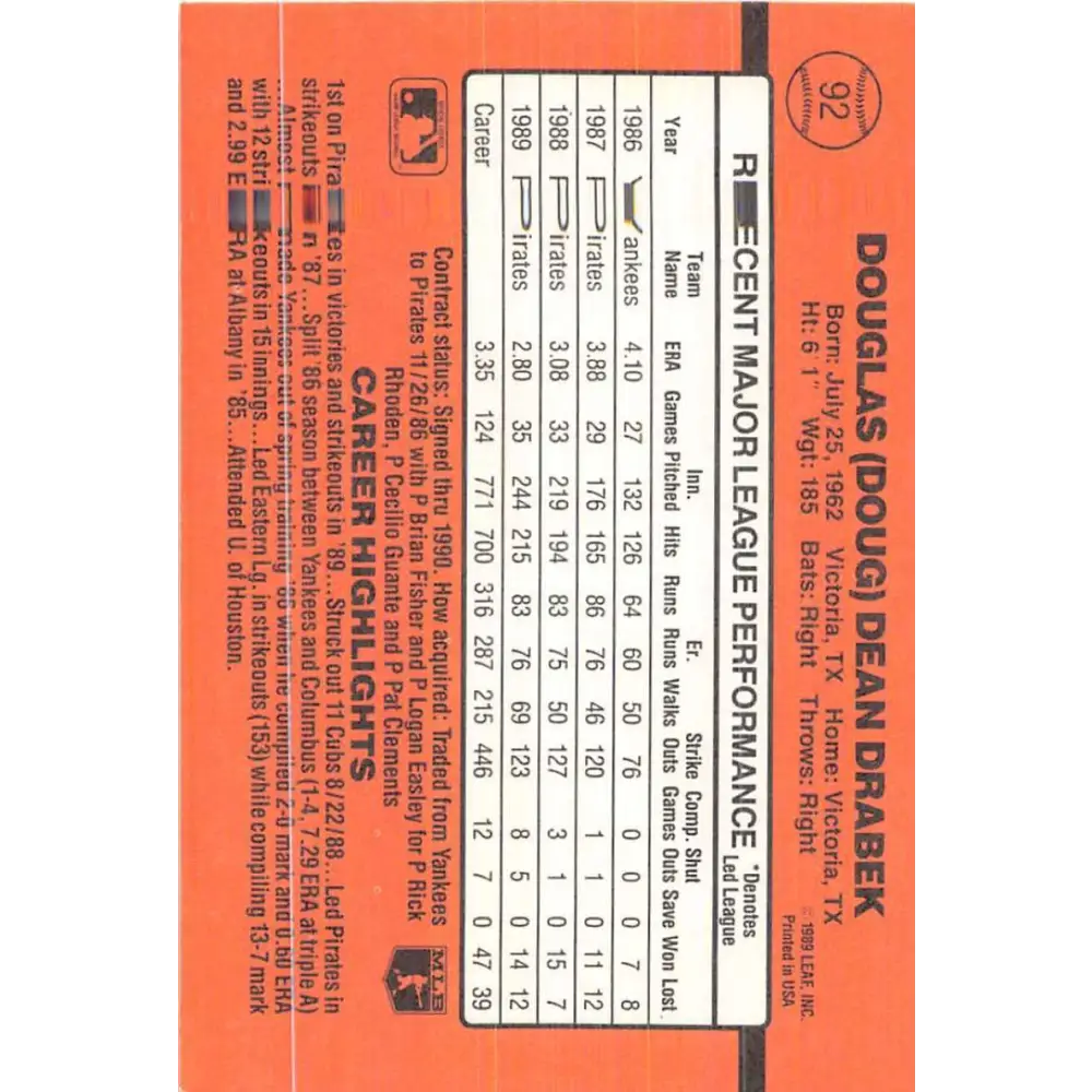 1990 Donruss #92 Doug Drabek VG-EX Pittsburgh Pirates Baseball Card Image 2