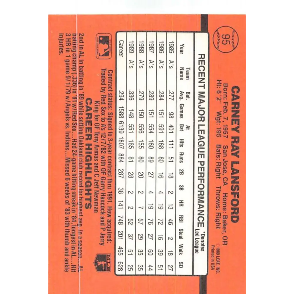 1990 Donruss #95 Carney Lansford VG-EX Oakland Athletics Baseball Card Image 2