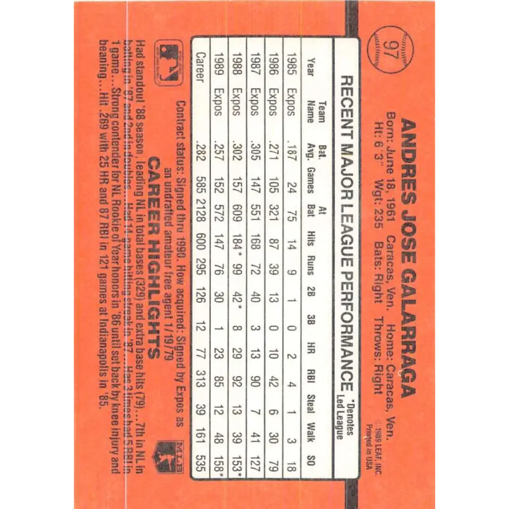 1990 Donruss #97 Andres Galarraga VG-EX Montreal Expos Baseball Card Image 2