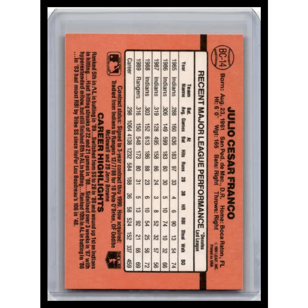 1990 Donruss #BC-14 Julio Franco NM-MT Texas Rangers Baseball Card Image 2