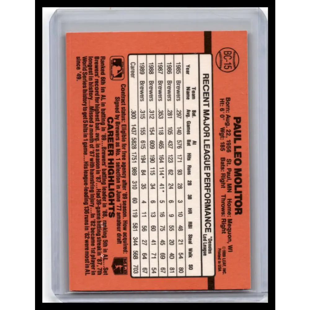 1990 Donruss #BC-15 Paul Molitor NM-MT Milwaukee Brewers Baseball Card Image 2