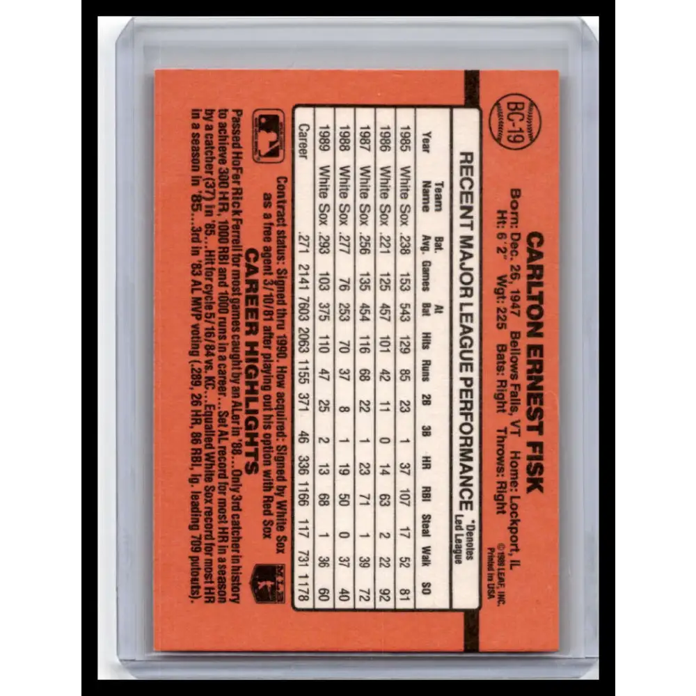 1990 Donruss #BC-19 Carlton Fisk NM-MT Chicago White Sox Baseball Card Image 2