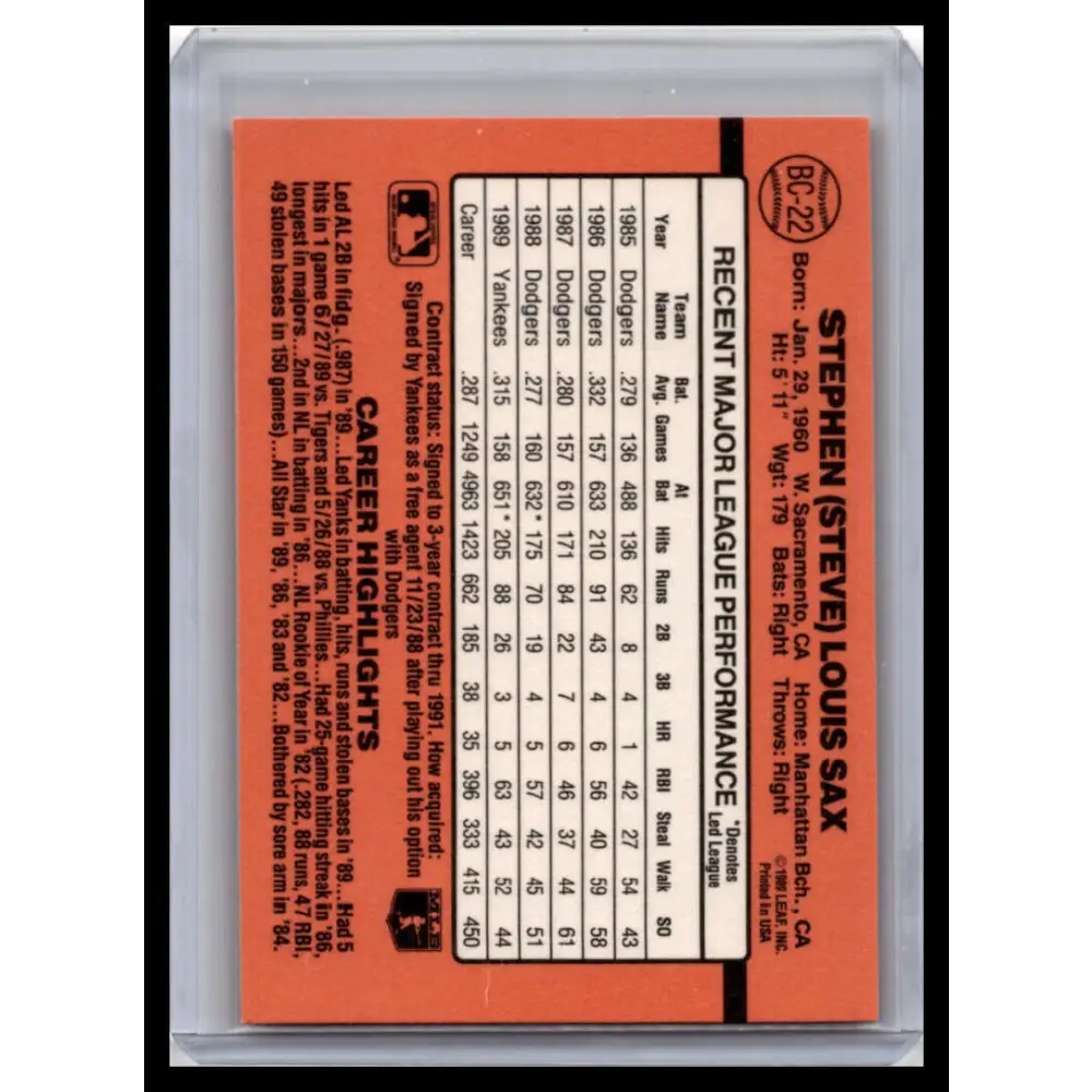 1990 Donruss #BC-22 Steve Sax NM-MT New York Yankees Baseball Card Image 2