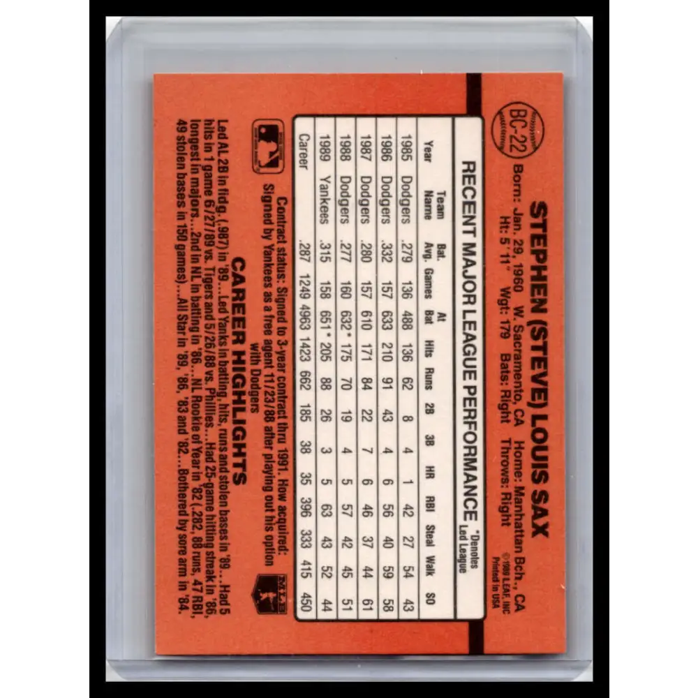 1990 Donruss #BC-22 Steve Sax NM-MT New York Yankees Baseball Card Image 2