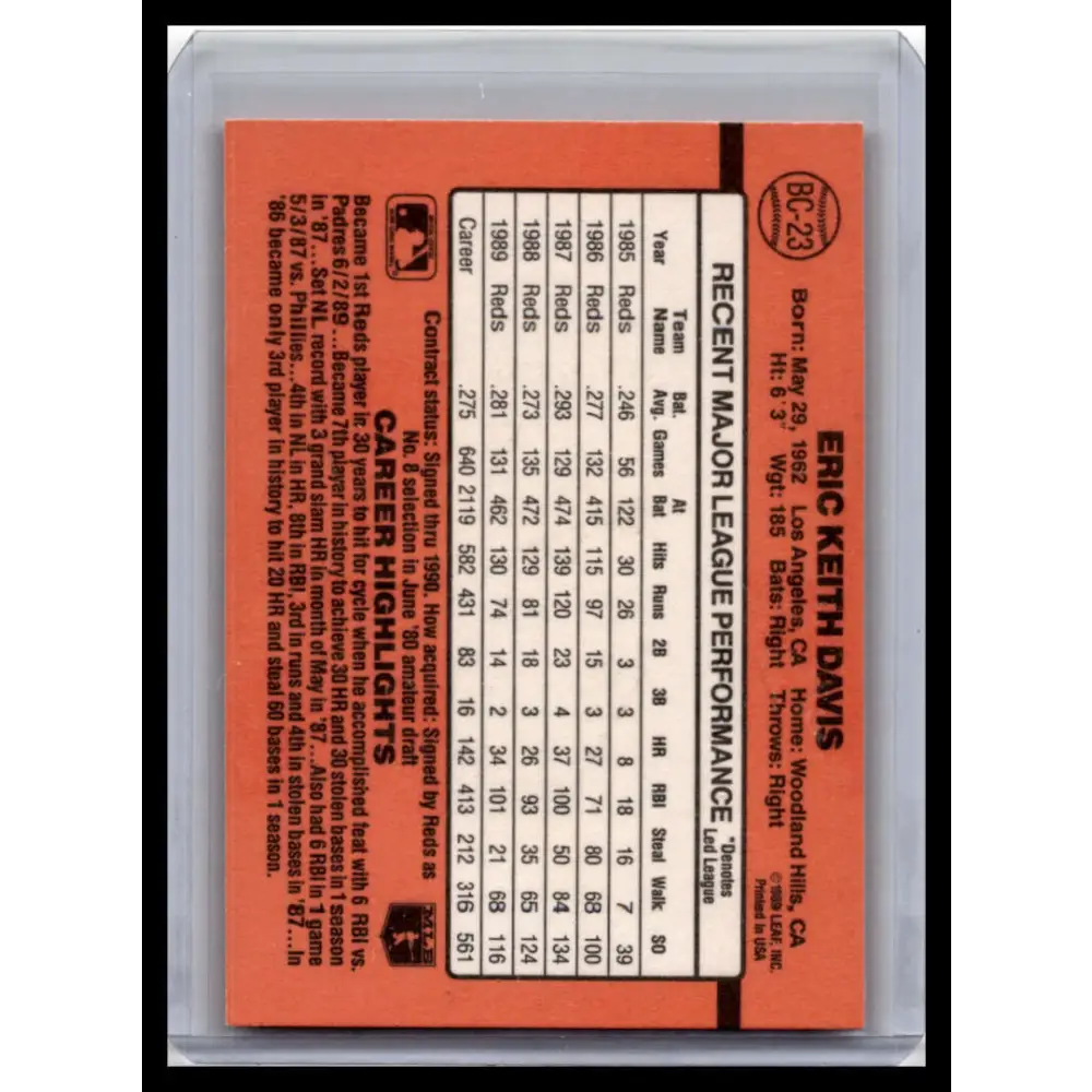 1990 Donruss #BC-23 Eric Davis NM-MT Cincinnati Reds Baseball Card Image 2