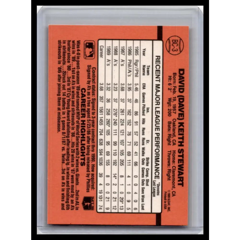 1990 Donruss #BC-3 Dave Stewart NM-MT Oakland Athletics Baseball Card Image 2