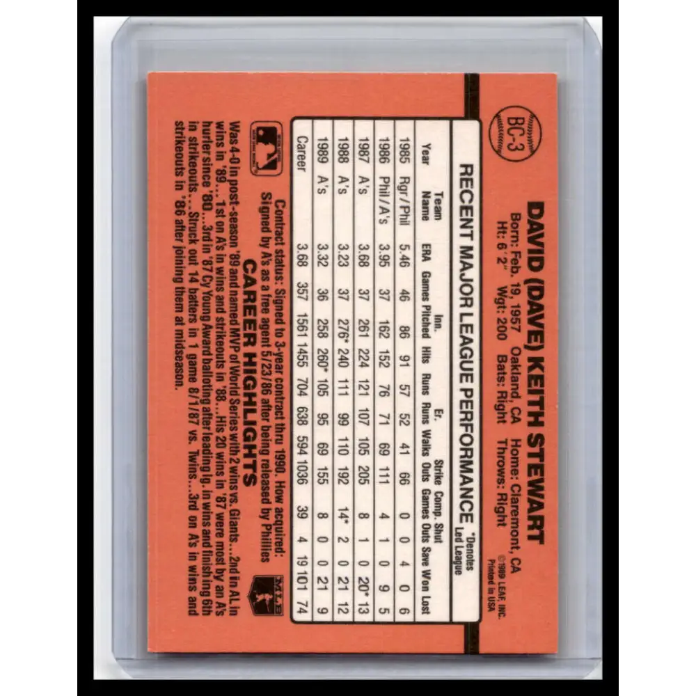 1990 Donruss #BC-3 Dave Stewart NM-MT Oakland Athletics Baseball Card Image 2