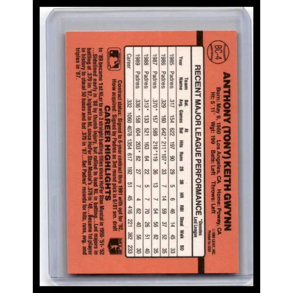 1990 Donruss #BC-4 Tony Gwynn NM-MT San Diego Padres Baseball Card Image 2