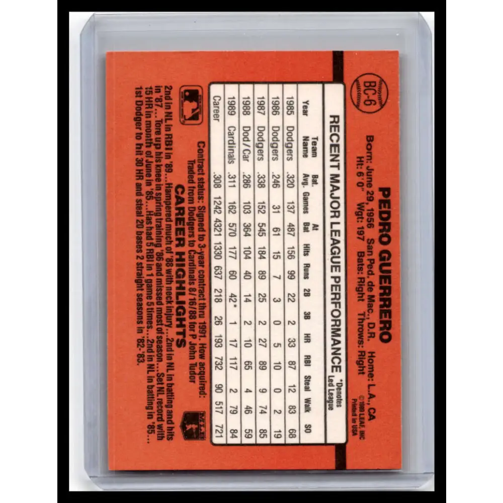 1990 Donruss #BC-6 Pedro Guerrero NM-MT St. Louis Cardinals Baseball Card Image 2
