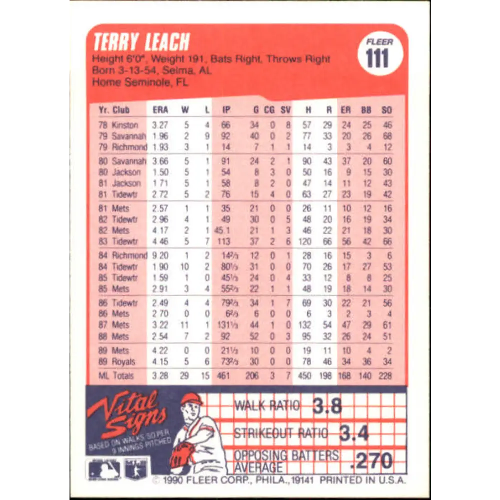 1990 Fleer #111 Terry Leach NM-MT Kansas City Royals Baseball Card Image 2