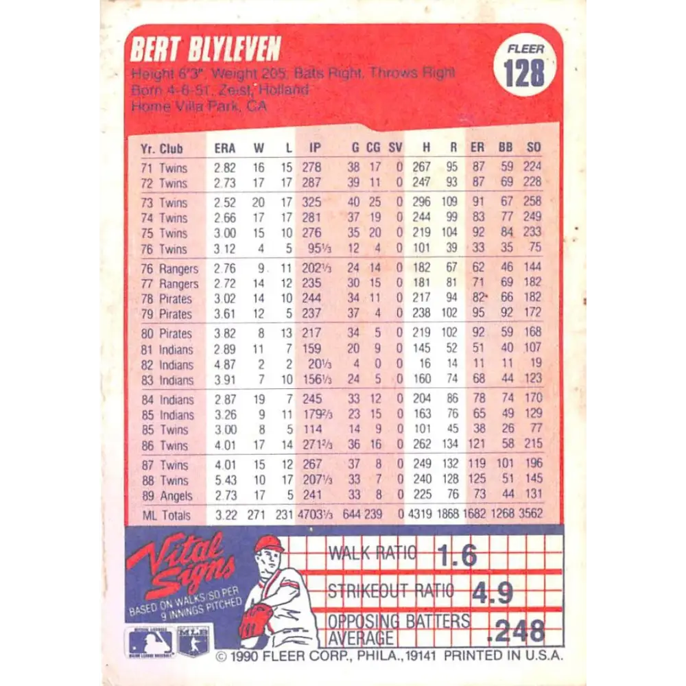 1990 Fleer #128 Bert Blyleven NM-MT California Angels Baseball Card Image 2