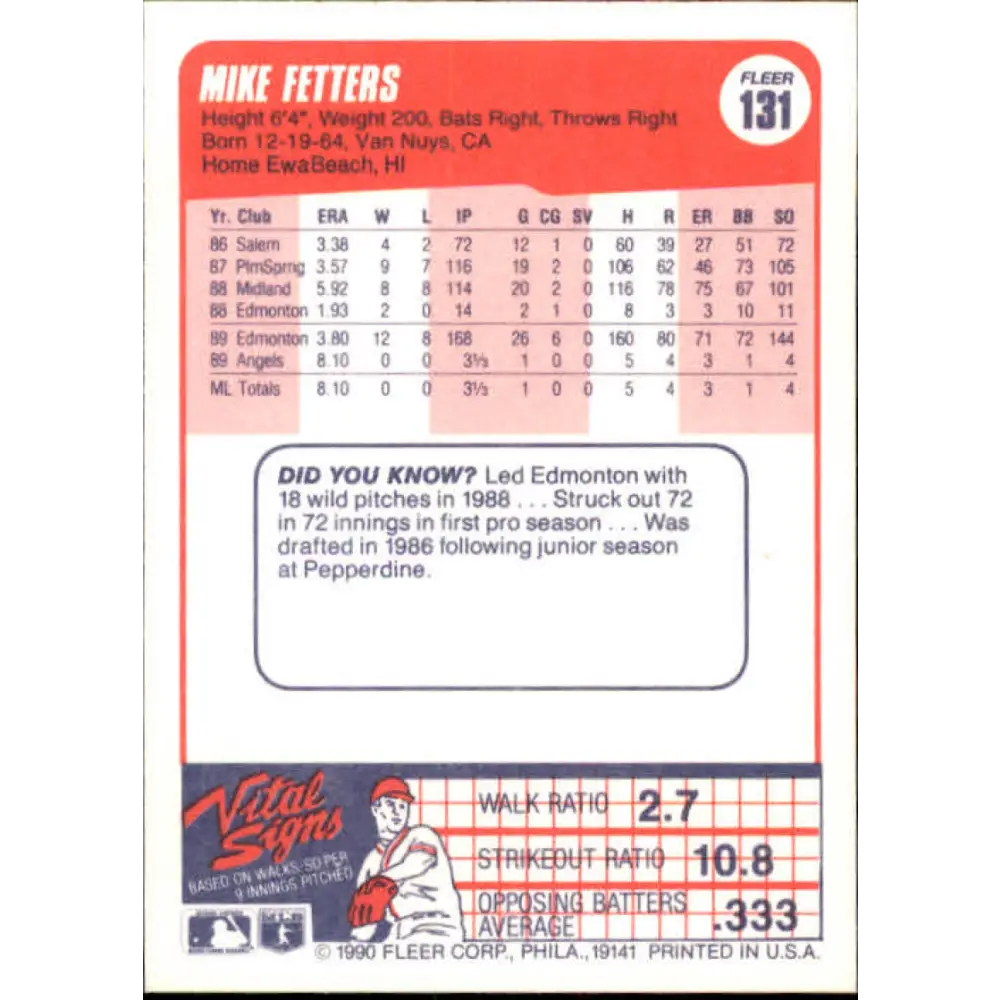 1990 Fleer #131 Mike Fetters NM-MT RC Rookie California Angels Baseball Card Image 2