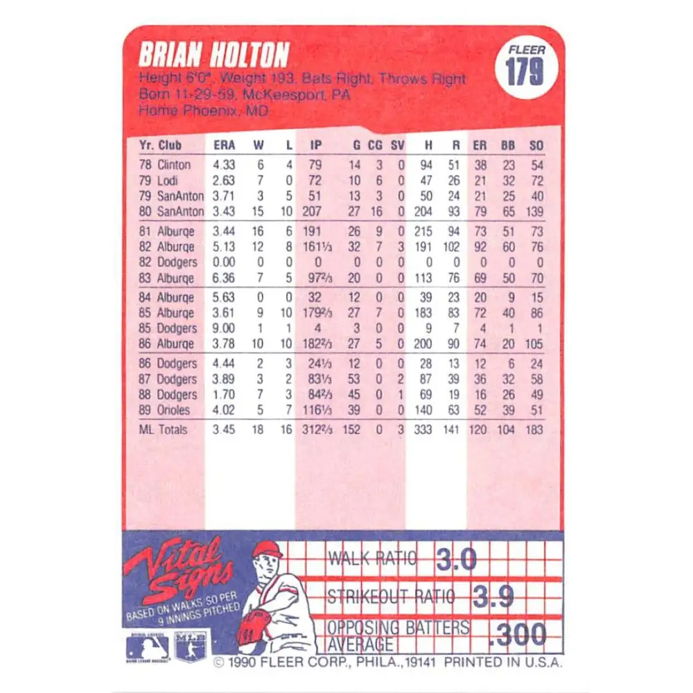 1990 Fleer #179 Brian Holton NM-MT Baltimore Orioles Baseball Card Image 2