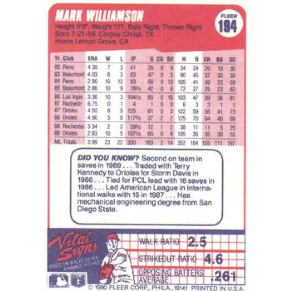 1990 Fleer #194 Mark Williamson NM-MT Baltimore Orioles Baseball Card Image 2