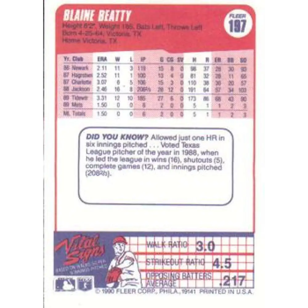 1990 Fleer #197 Blaine Beatty NM-MT RC Rookie New York Mets Baseball Card Image 2