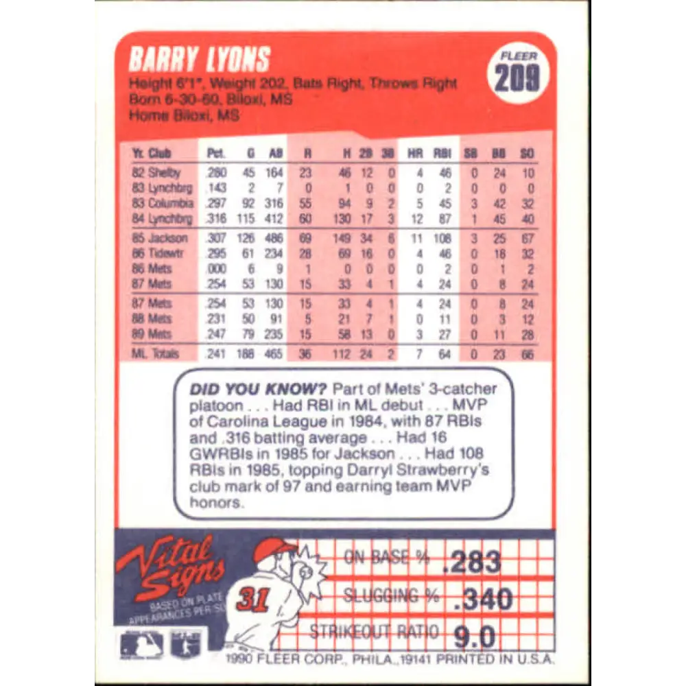 1990 Fleer #209 Barry Lyons UER NM-MT New York Mets Baseball Card Image 2