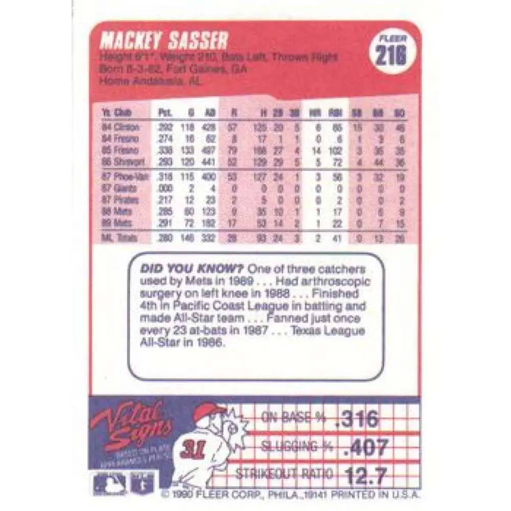 1990 Fleer #216 Mackey Sasser NM-MT New York Mets Baseball Card Image 2