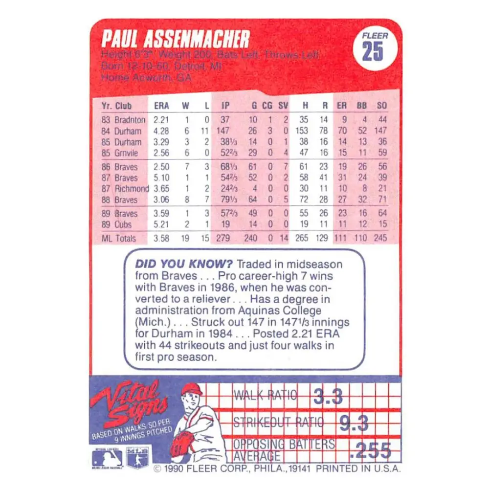 1990 Fleer #25 Paul Assenmacher NM-MT Chicago Cubs Baseball Card Image 2
