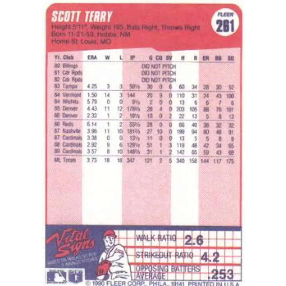 1990 Fleer #261 Scott Terry NM-MT St. Louis Cardinals Baseball Card Image 2