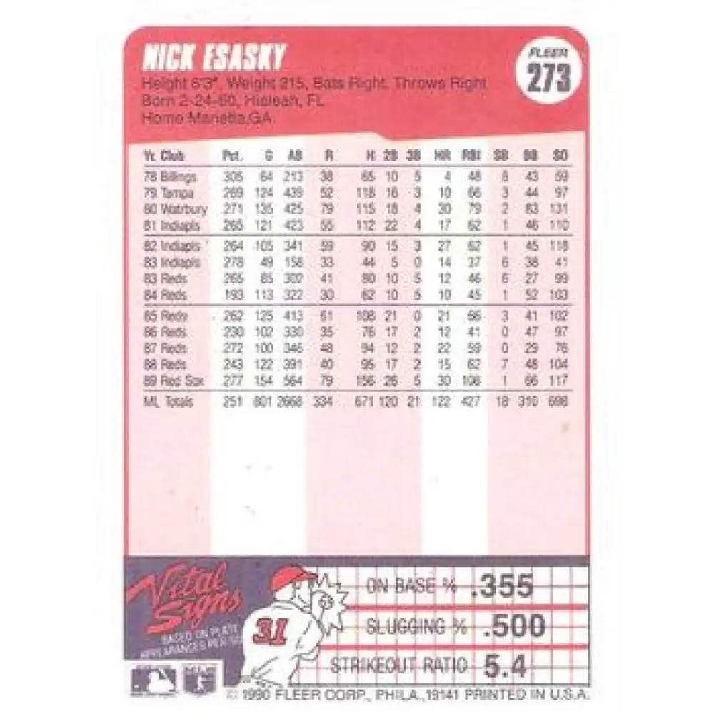 1990 Fleer #273 Nick Esasky NM-MT Boston Red Sox Baseball Card Image 2