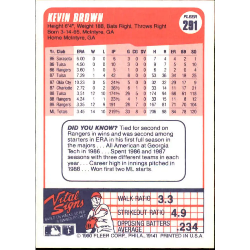 1990 Fleer #291 Kevin Brown NM-MT Texas Rangers Baseball Card Image 2