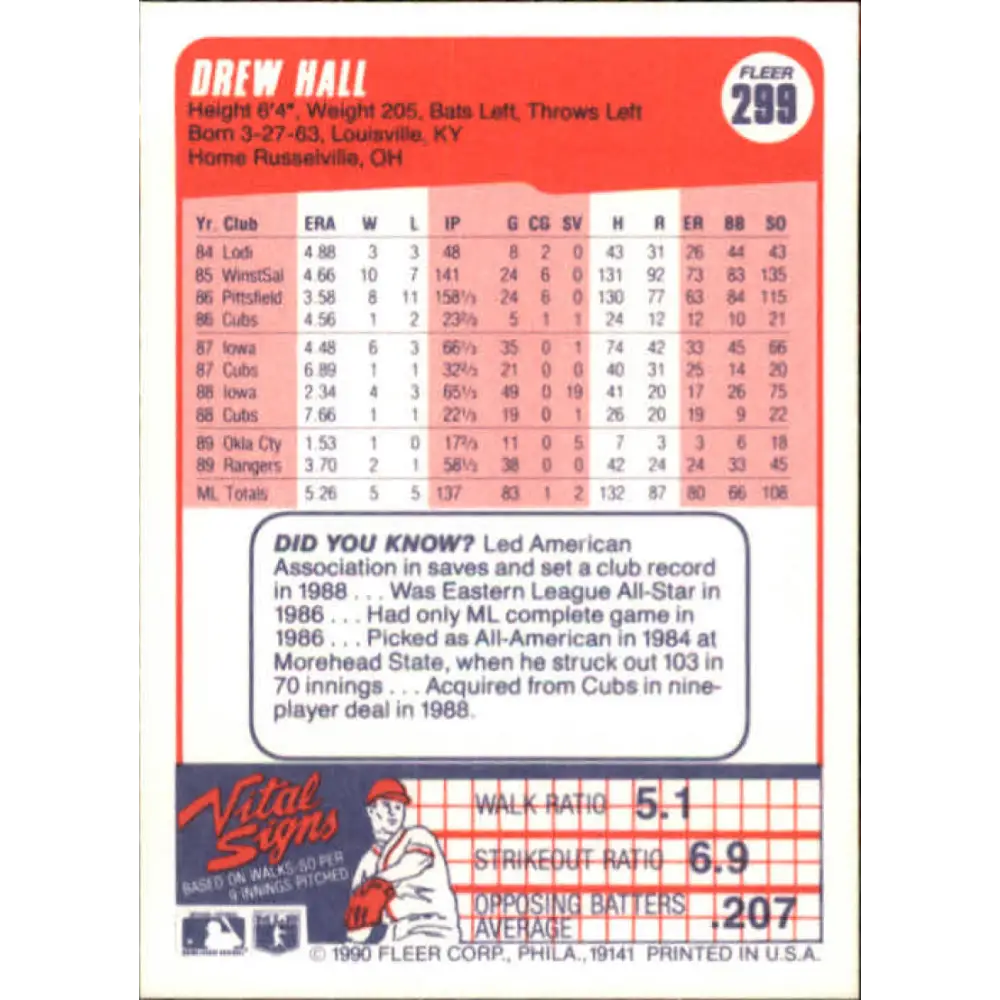 1990 Fleer #299 Drew Hall NM-MT Texas Rangers Baseball Card Image 2