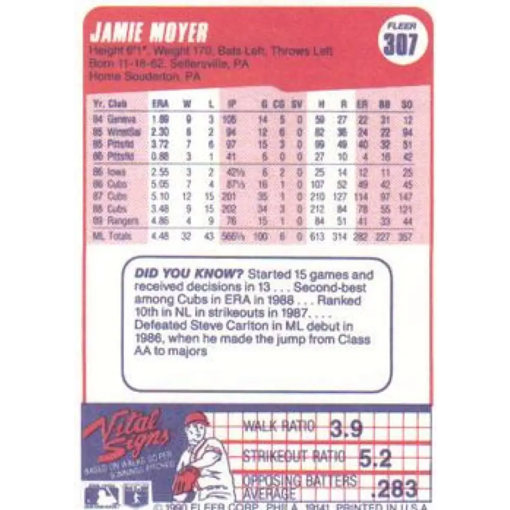 1990 Fleer #307 Jamie Moyer NM-MT Texas Rangers Baseball Card Image 2