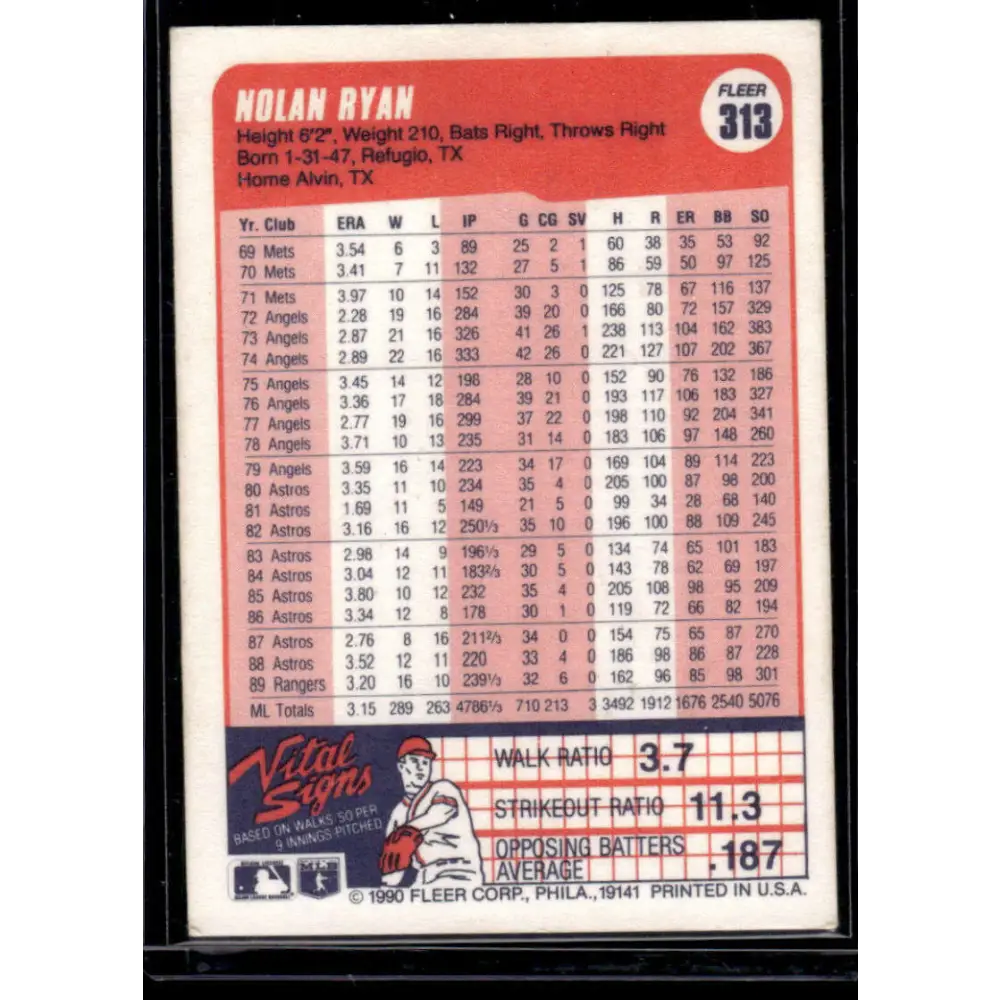 1990 Fleer #313 Nolan Ryan Texas Rangers NM-MT Baseball Card Image 2