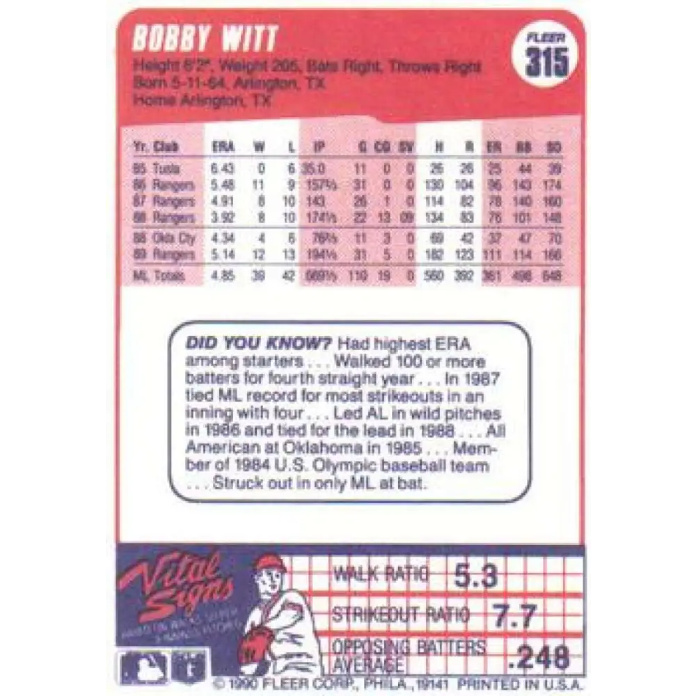 1990 Fleer #315 Bobby Witt NM-MT Texas Rangers Baseball Card Image 2