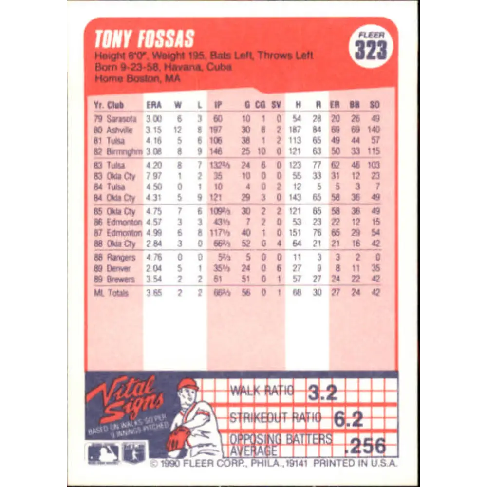 1990 Fleer #323 Tony Fossas NM-MT RC Rookie Milwaukee Brewers Baseball Card Image 2