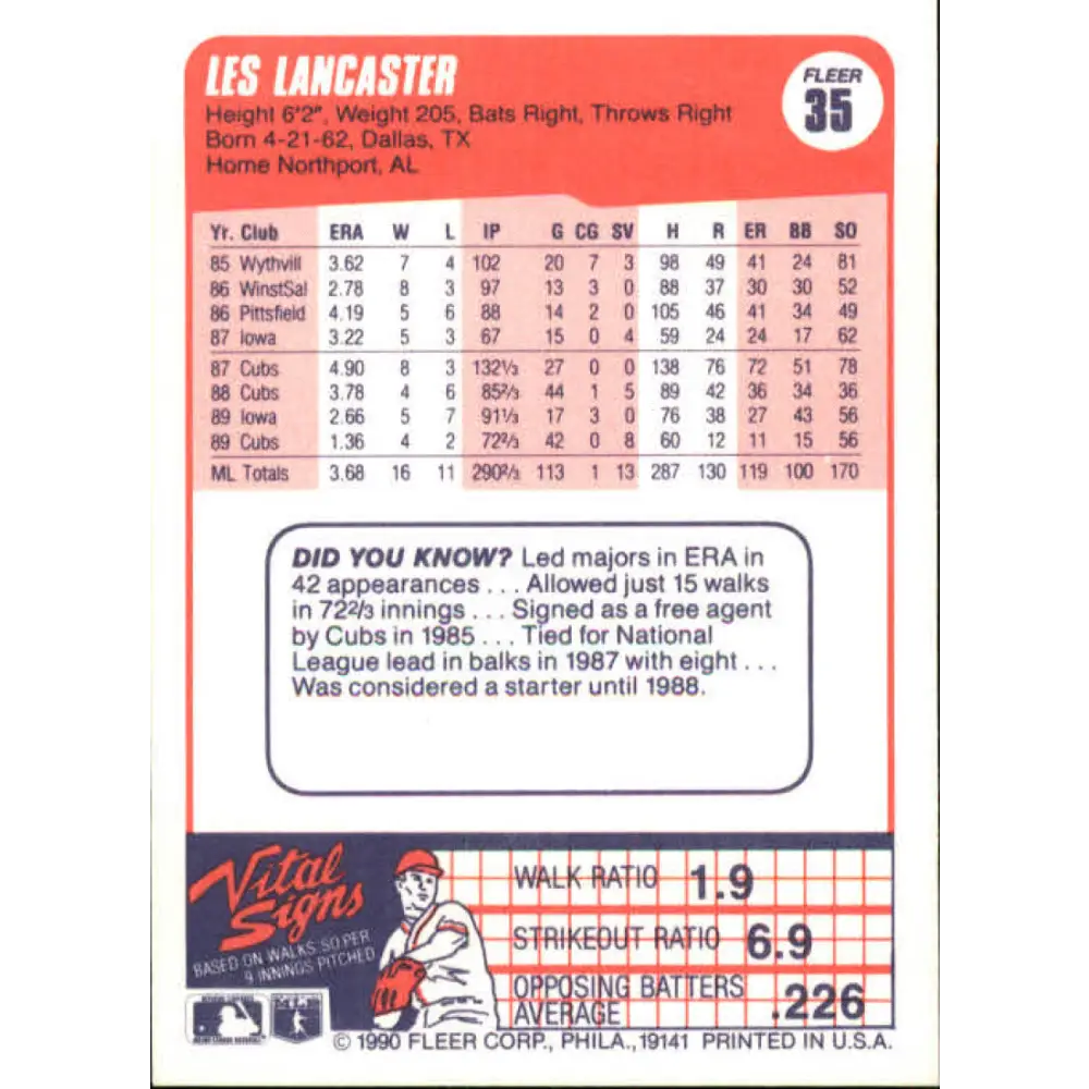 1990 Fleer #35 Les Lancaster NM-MT Chicago Cubs Baseball Card Image 2