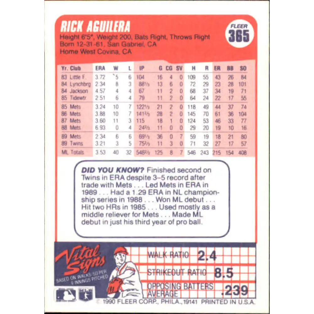 1990 Fleer #365 Rick Aguilera NM-MT Minnesota Twins Baseball Card Image 2