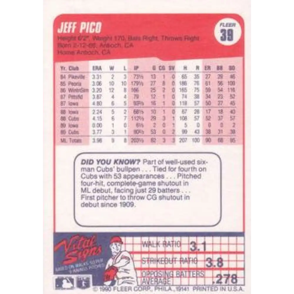 1990 Fleer #39 Jeff Pico NM-MT Chicago Cubs Baseball Card Image 2