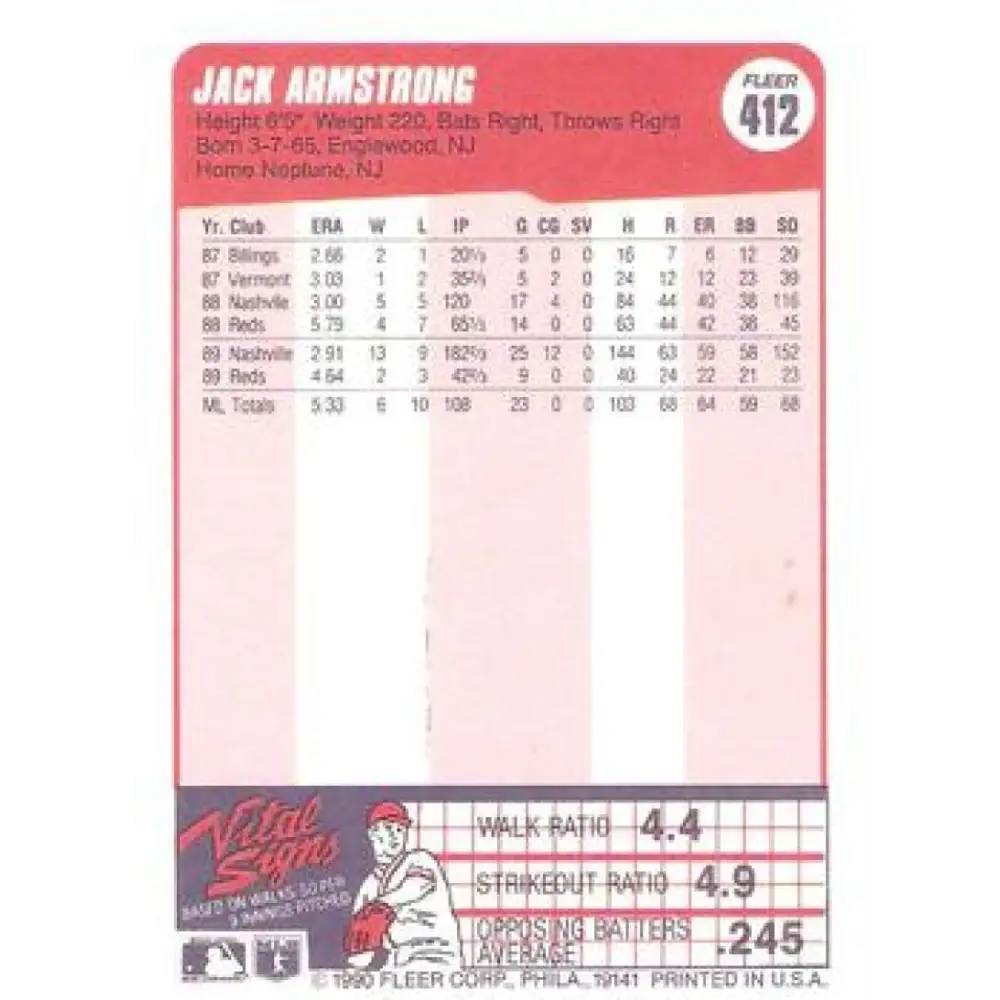 1990 Fleer #412 Jack Armstrong NM-MT Cincinnati Reds Baseball Card Image 2