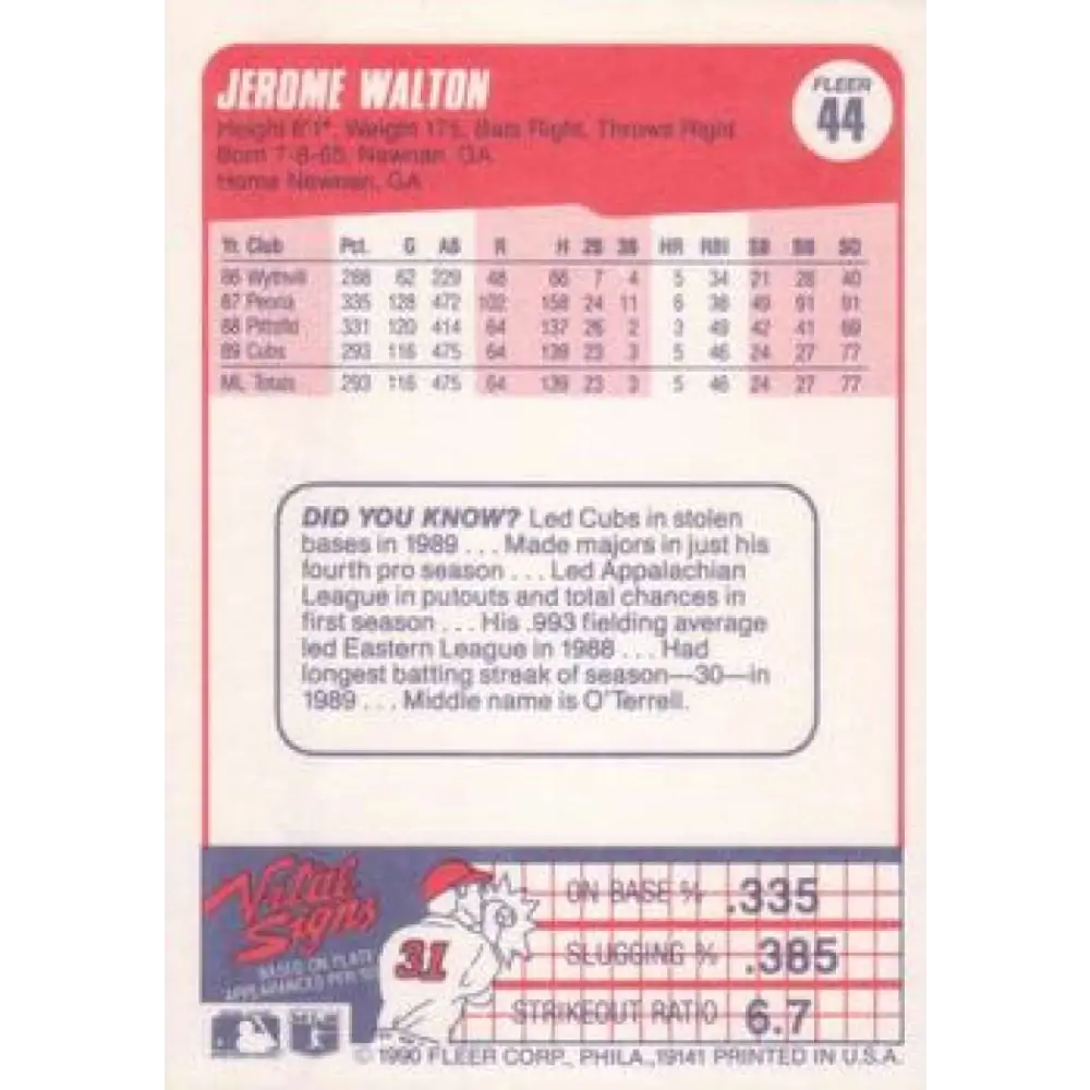 1990 Fleer #44 Jerome Walton NM-MT Chicago Cubs Baseball Card Image 2