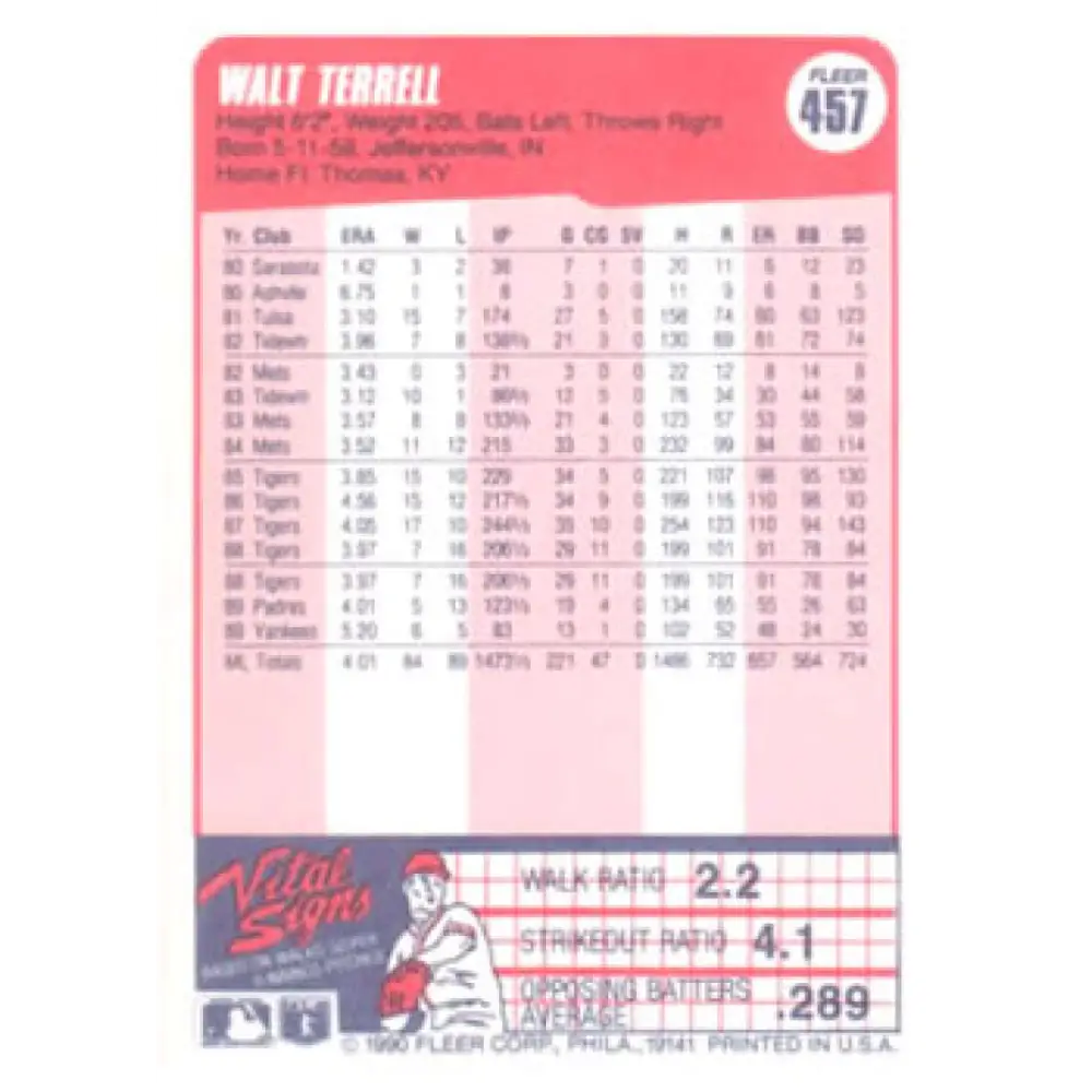 1990 Fleer #457 Walt Terrell NM-MT New York Yankees Baseball Card Image 2