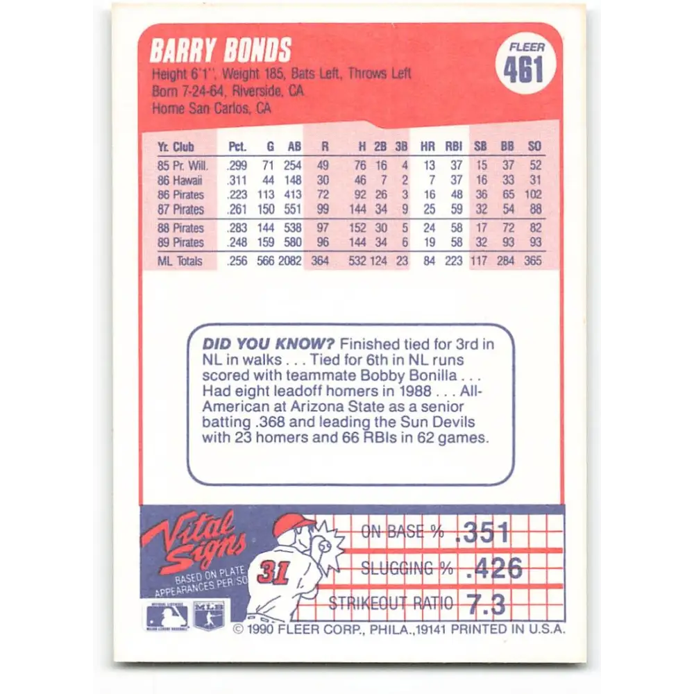 1990 Fleer #461 Barry Bonds NM-MT Pittsburgh Pirates Baseball Card Image 2