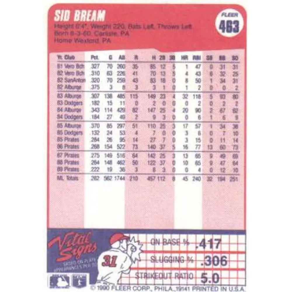 1990 Fleer #463 Sid Bream NM-MT Pittsburgh Pirates Baseball Card Image 2