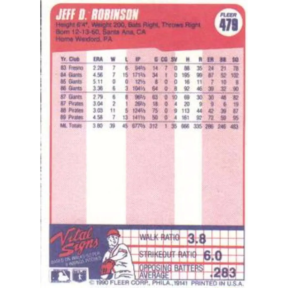 1990 Fleer #479 Jeff Robinson NM-MT Pittsburgh Pirates Baseball Card Image 2