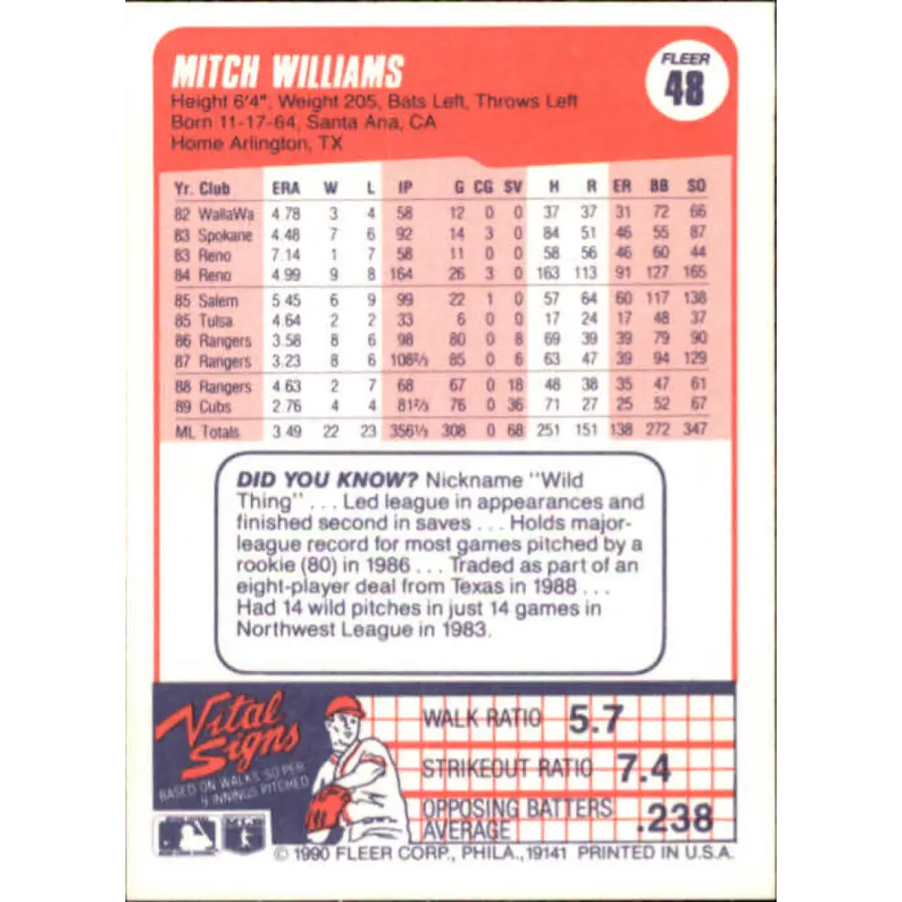 1990 Fleer #48 Mitch Williams NM-MT Chicago Cubs Baseball Card Image 2